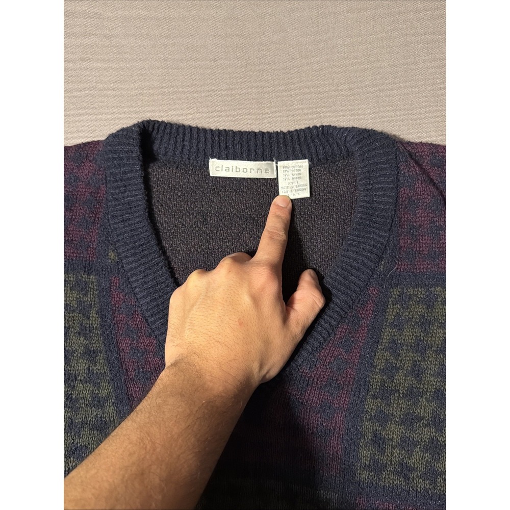 Claiborne Men's V-Neck Long Sleeve Sweater Houndstooth pattern Cotton Large - Picture 4 of 6